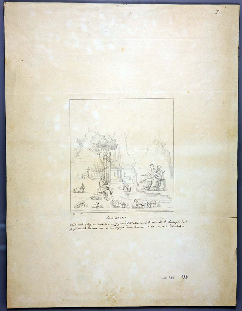 IX.2.18 Pompeii. 1873. Room 10, north wall of cubiculum or triclinium. Drawing by Geremia Discanno, 1870, of painting of Paris, Helen and Venus. 
Venus is persuading Helen to listen to the shepherd Paris. 
Now in Naples Archaeological Museum. Inventory number ADS 989.
Photo © ICCD. http://www.catalogo.beniculturali.it
Utilizzabili alle condizioni della licenza Attribuzione - Non commerciale - Condividi allo stesso modo 2.5 Italia (CC BY-NC-SA 2.5 IT)
See Notizie degli Scavi di Antichità, 1873, Tav. II.
See Reinach S., 1922. Répertoire de peintures grecques et romaines. Paris Leroux, 164, 3.
See Sogliano, A., 1879. Le pitture murali campane scoverte negli anni 1867-79. Napoli: Giannini. (p. 108, no.568).