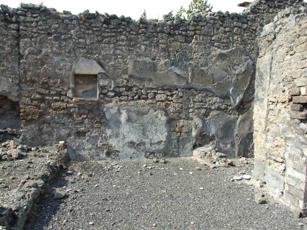 IX.2.18 Pompeii. March 2009.  Room 11. Garden area.  North wall of East Portico.   Below the niche was a painted serpent creeping between plants. 
On the plants were birds and an owl.  Today, only the niche remains.
See Giacobello, F., 2008. Larari Pompeiani: Iconografia e culto dei Lari in ambito domestico.  Milano: LED Edizioni. P.283