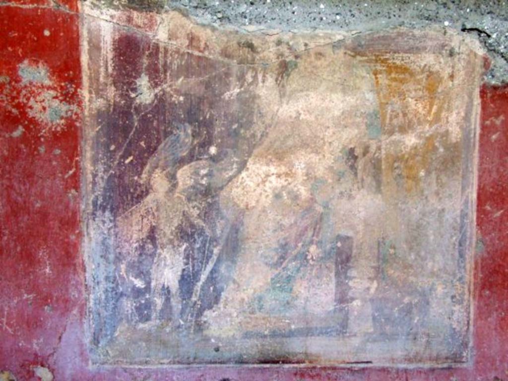 IX.2.21 Pompeii. March 2009. Room 3, west wall, remains of wall painting of Venus and Cupids.
The top of the painting was missing when first excavated.
See Sogliano, A., 1879. Le pitture murali campane scoverte negli anni 1867-79. Napoli: Giannini. (p.65, no.380)
