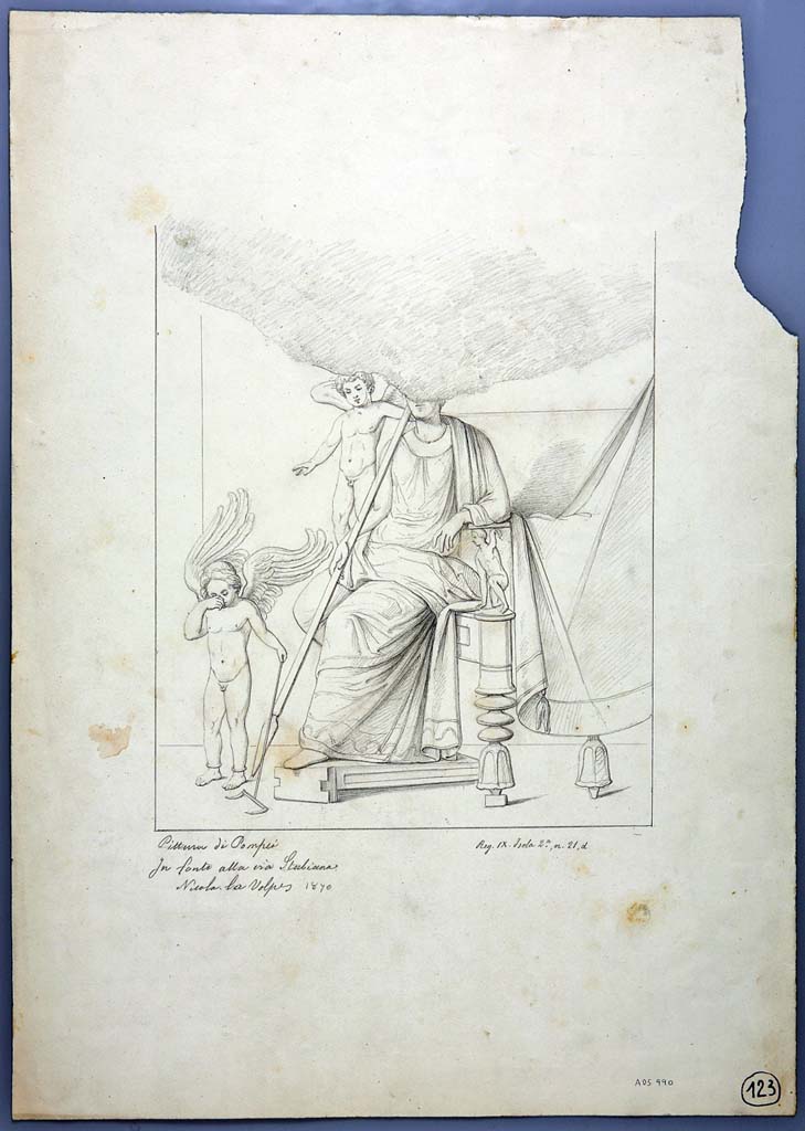 IX.2.21 Pompeii. Drawing by Nicola La Volpe, 1870, of painting of Punishment of the Cupids, from room 3, centre of west wall.
Now in Naples Archaeological Museum. Inventory number ADS 990.
Photo © ICCD. http://www.catalogo.beniculturali.it
Utilizzabili alle condizioni della licenza Attribuzione - Non commerciale - Condividi allo stesso modo 2.5 Italia (CC BY-NC-SA 2.5 IT)