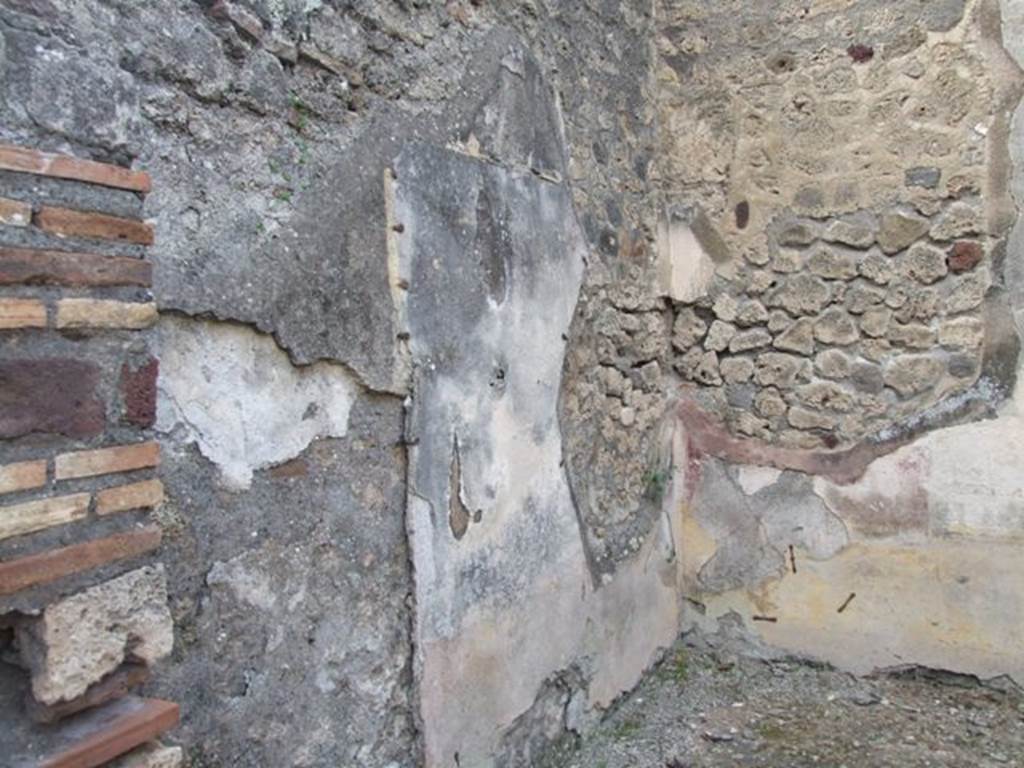IX.2.21 Pompeii. March 2009. Room 5, west wall from the north portico. According to Bragantini, the west wall would have had a yellow dado. The middle zone would have had a yellow central panel, with red side panels. The floor was cocciopesto with black and white scattered tesserae.
See Bragantini, de Vos, Badoni, 1986. Pitture e Pavimenti di Pompei, Parte 3. Rome: ICCD. (p.423, ambiente ‘f’)
