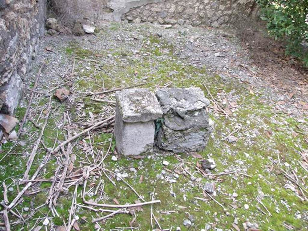 IX.2.21 Pompeii. March 2009. Room 11, south-west corner of garden area.  According to Jashemski: 
“Fiorelli mentions, but does not locate, an altar in the garden.  
Trendelenburg mentions both a statue base and an altar.  Neither are there today”.  
See Jashemski, W. F., 1993. The Gardens of Pompeii, Volume II: Appendices. New York: Caratzas. (p.229).
According to Boyce, “the report in the Bull. Inst. describes a second statue base with altar in the peristyle; Fiorelli mentions only an altar; there is nothing to be seen there today”.
See Boyce G. K., 1937. Corpus of the Lararia of Pompeii. Rome: MAAR 14. (p.81, no.401)
Boyce gave the reference - Bull. Inst., 1871, 193.