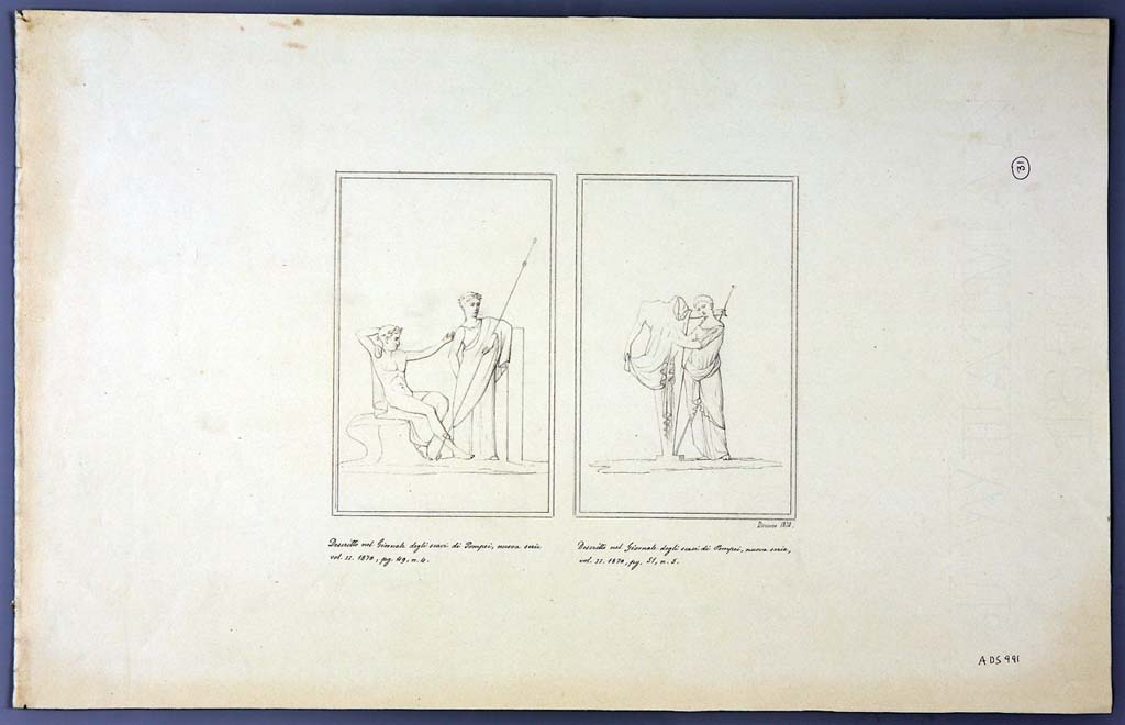 IX.2.21 Pompeii. Room 13, north wall of cubiculum.  Two drawings by Geremia Discanno, 1870, of paintings seen on the walls of this house.
The drawing on the left may be from the north wall of room 5 showing a sitting Dionysus and a standing Arianna.
The drawing on the right of a female figure standing near an archaic herm of Dionysus, from north wall of cubiculum, room 13.
Now in Naples Archaeological Museum. Inventory number ADS 991.
Photo © ICCD. http://www.catalogo.beniculturali.it
Utilizzabili alle condizioni della licenza Attribuzione - Non commerciale - Condividi allo stesso modo 2.5 Italia (CC BY-NC-SA 2.5 IT)
See Sogliano, A., 1879. Le pitture murali campane scoverte negli anni 1867-79. Napoli: Giannini. (p.52, no.243) 
See Bragantini, de Vos, Badoni, 1986. Pitture e Pavimenti di Pompei, Parte 3. Rome: ICCD. (p.424)