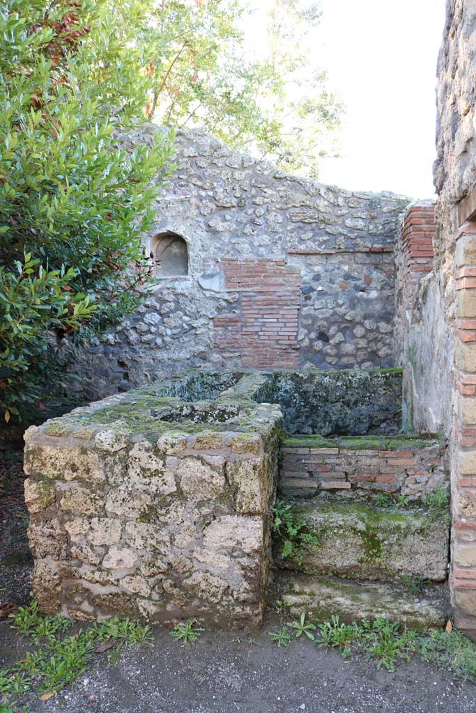 IX.2.24 Pompeii. December 2018. 
Looking west across podium with water reservoir against north wall of yard.
Photo courtesy of Aude Durand.