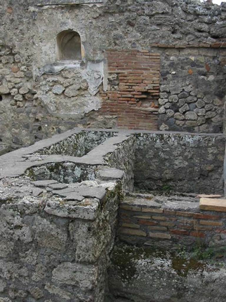 IX.2.24 Pompeii. May 2003. Looking west across podium with water reservoir against north wall of yard. Photo courtesy of Nicolas Monteix.