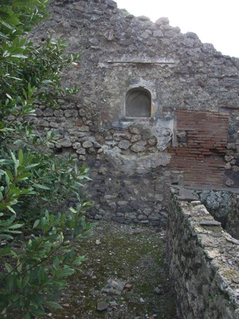 IX.2.24 Pompeii. March 2009. Niche on west wall. According to Boyce, a panel of white stucco was spread on an otherwise bare wall. In the middle of the panel was the arched niche.
See Boyce G. K., 1937. Corpus of the Lararia of Pompeii. Rome: MAAR 14. (p. 82, no. 403 and Pl. 24, 2.)