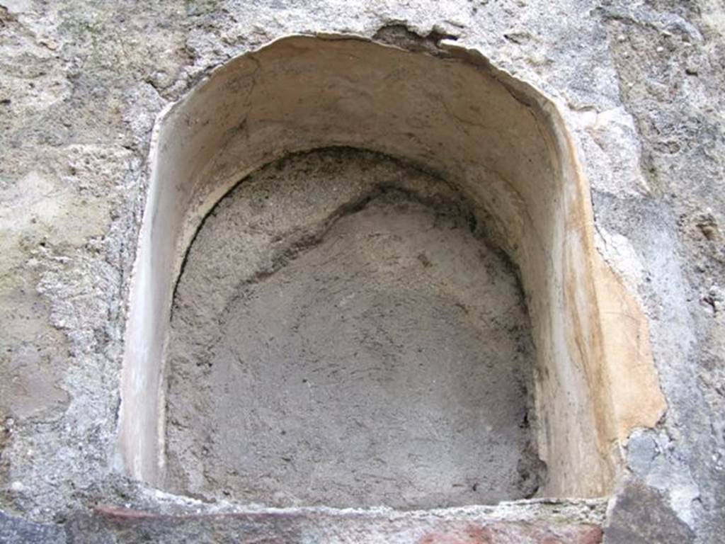 IX.2.24 Pompeii. March 2009. Niche. According to Boyce, on the rear wall of the niche was a painting of Epona riding a donkey. She had blond hair and a veil falling down over the back of her head and was wearing a white tunic and white boots. She held the red reins in her right hand. In her left she held a child in green swaddling clothes, who held his arms out to her. On the wall of the room on either side of the niche was a painted Lar, wreathed and wearing a white tunic with a vertical red stripe. Below the niche, a man in a short dark tunic leads two donkeys behind him.