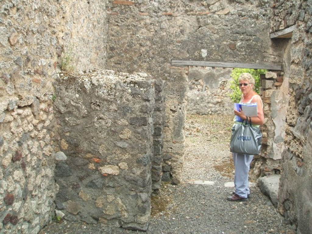 IX.2.24 Pompeii. May 2005. Looking south to mangers and doors to yard and triclinium on west side.