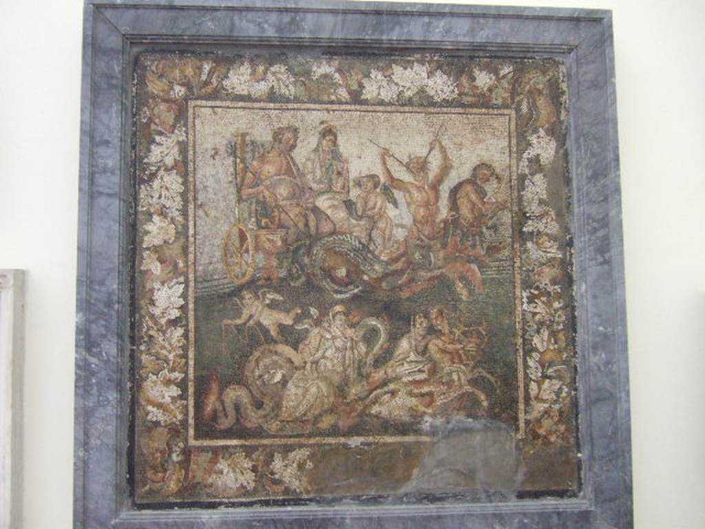 IX.2.27 Pompeii. Mosaic of Neptune and Amphitrite in a chariot, this was found in a triclinium on east side of peristyle.  
This was the emblema in the centre of a border of black and white mosaic of meanders and squares. 
Now in Naples Archaeological Museum, inventory number 10007.
According to PPM –
“And in front of it, placed towards the entrance, was another complicated decorative motif, now lost.”
See Carratelli, G. P., 1990-2003. Pompei: Pitture e Mosaici. IX. (9). Roma: Istituto della enciclopedia italiana, (p. 117, no.2).