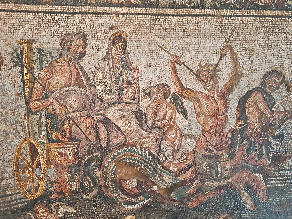 IX.2.27 Pompeii. Detail of mosaic of Neptune and Amphitrite in a chariot, this was found in a triclinium on east side of peristyle.  
Now in Naples Archaeological Museum, inventory number 10007.
Photo courtesy of Giuseppe Ciaramella. September 2024.