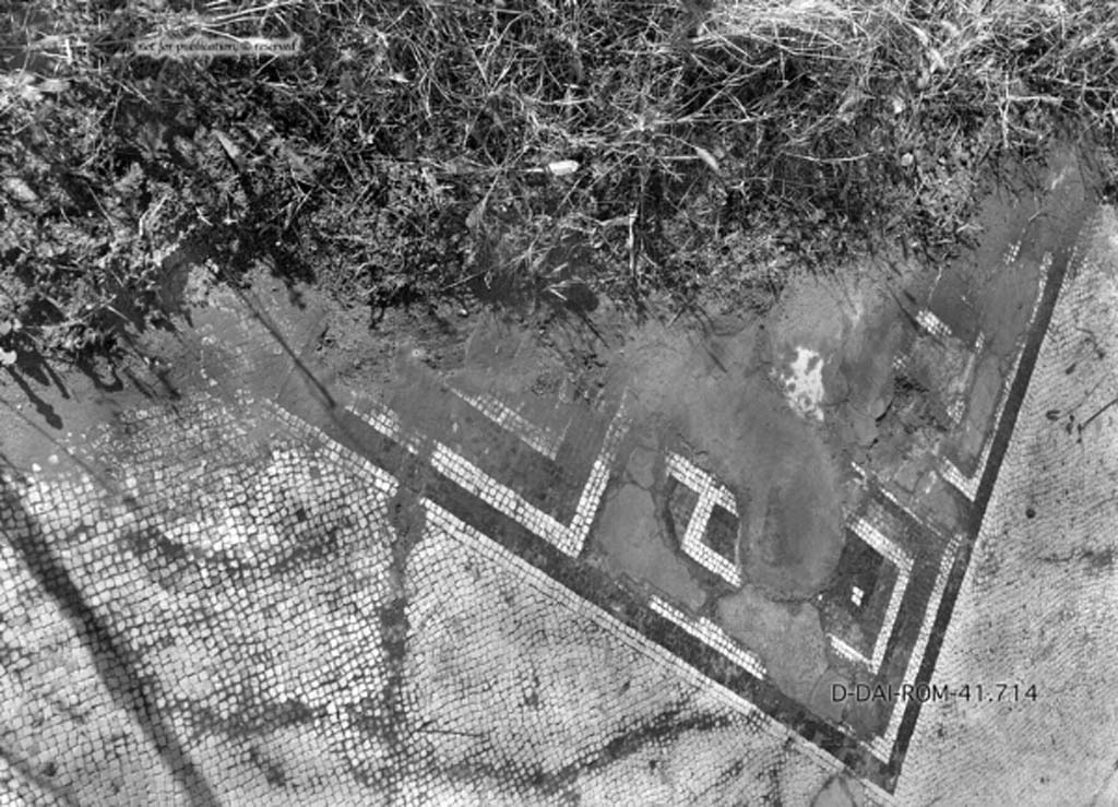 IX.3.1/2 Pompeii. c.1930. Mosaic floor of room on left of entrance corridor of IX.3.2.
It is believed that originally this room was linked to the atrium by a doorway at the south end of the east wall, and probably used as a triclinium.
Later, it’s use was changed to a workshop. 
This white mosaic floor with a simple border of black tesserae was decorated with a square “carpet” of a meander pattern including squares in four colours.
DAIR 41.714. Photo © Deutsches Archäologisches Institut, Abteilung Rom, Arkiv.
See Pernice, E.  1938. Pavimente und Figürliche Mosaiken: Die Hellenistische Kunst in Pompeji, Band VI. Berlin: de Gruyter, 
see tav. 36.5, above.)