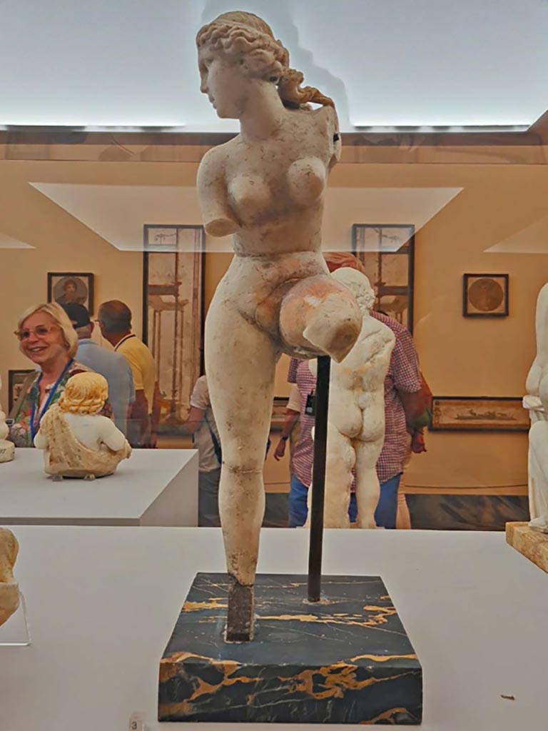 IX.3.2 Pompeii (?). October 2023. White marble statue of Venus unfastening her sandal, found 24/3/1871.
Photo courtesy of Giuseppe Ciaramella. Now in Naples Archaeological Museum, (inv. 120363).
On display in “L’altra MANN” exhibition, October 2023, at Naples Archaeological Museum.
According to D’Acunto -
The location this statue was found and described as –
“Nell’insula il cui lato meridionale confina con vicolo in prolungamento con quello di Augusto”, da identificare forse con IX.3.2”
(trans: “In the insula whose southern side borders with the vicolo in extension with that of Augustus”, to be identified perhaps with IX.3.2.)
See Marmora Pompeiana nel Museo Archeologico Nazionale di Napoli: Studi della SAP 26, (p. 200, D55).
GdS, 1871, II, Appendix, p.282.