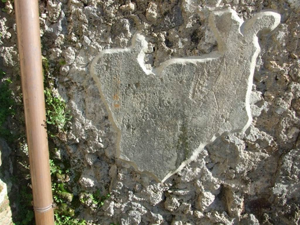 IX.3.4 Pompeii. March 2009. Plaster on south wall of rear room in north-east corner of shop.