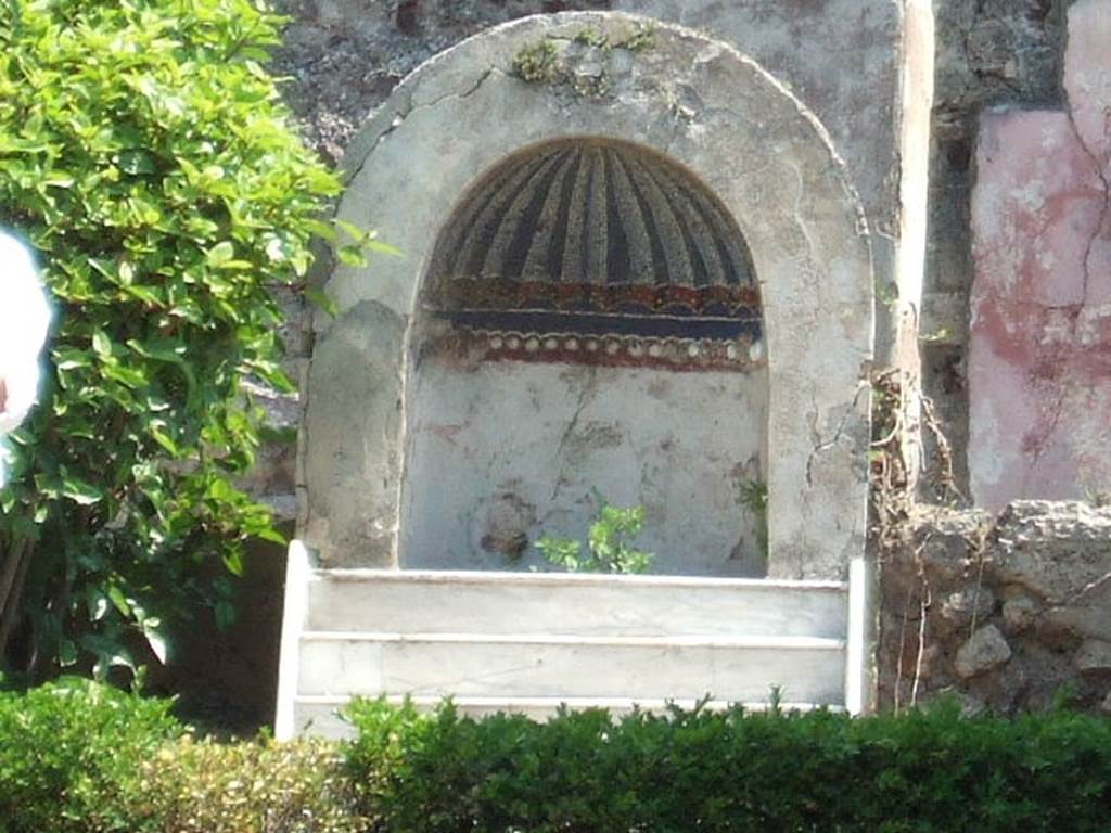 IX.3.5 Pompeii.  May 2006.  Aedicula decorated with mosaics and shells with a fountain above a small staircase of white marble.