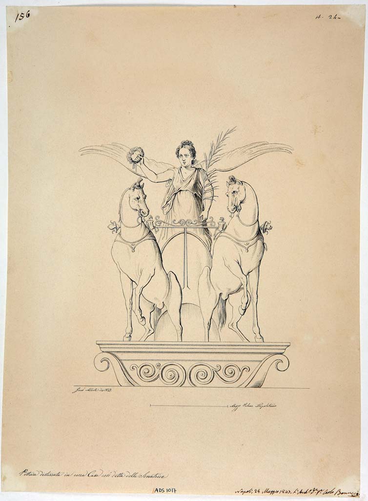 IX.3.5 Pompeii. Room 5, painting from upper centre of north wall, the stucco has completely fallen from this area.
Drawing by Giuseppe Abbate, 1847, of painting of Nike on a chariot.
Now in Naples Archaeological Museum. Inventory number ADS 1017.
Photo © ICCD. http://www.catalogo.beniculturali.it
Utilizzabili alle condizioni della licenza Attribuzione - Non commerciale - Condividi allo stesso modo 2.5 Italia (CC BY-NC-SA 2.5 IT)
See Helbig, W., 1868. Wandgemälde der vom Vesuv verschütteten Städte Campaniens. Leipzig: Breitkopf und Härtel. (939).