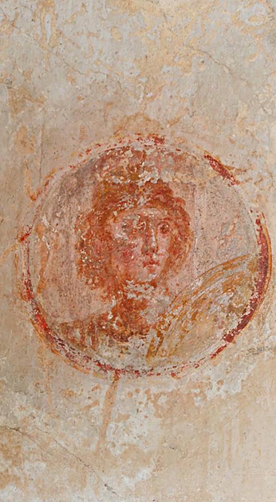 IX.3.5 Pompeii. 2016/2017. 
Room 5, west end of north wall.  Bust of Mars or Ares with shield.
Photo courtesy of Giuseppe Ciaramella.