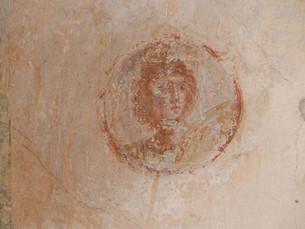 IX.3.5 Pompeii. May 2015. Room 5, west end of north wall.  Bust of Mars or Ares with shield.   Photo courtesy of Buzz Ferebee.