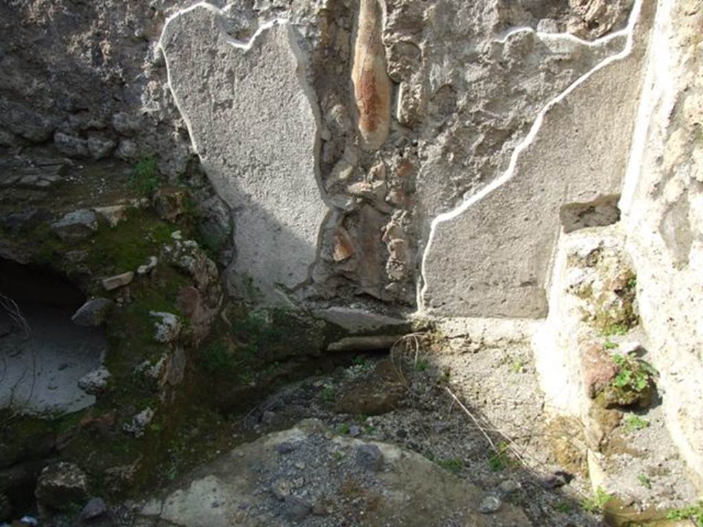 IX.3.5 Pompeii. March 2009. Room 9, kitchen.  North-east corner with downpipe from upper floor.