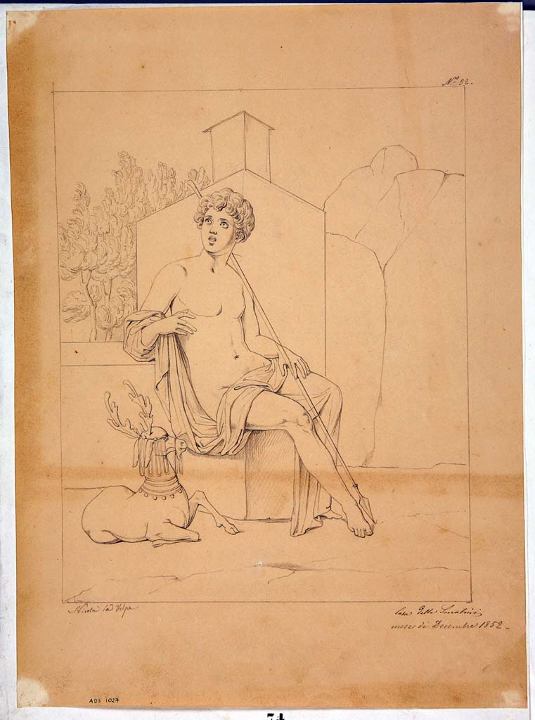 IX.3.5 Pompeii. Room 15, south wall. Drawing by Nicola La Volpe, December 1852, of the wall painting of Cyparissus and the stag/deer. 
Now in Naples Archaeological Museum. Inventory number ADS 1027.
Photo © ICCD. http://www.catalogo.beniculturali.it
Utilizzabili alle condizioni della licenza Attribuzione - Non commerciale - Condividi allo stesso modo 2.5 Italia (CC BY-NC-SA 2.5 IT)