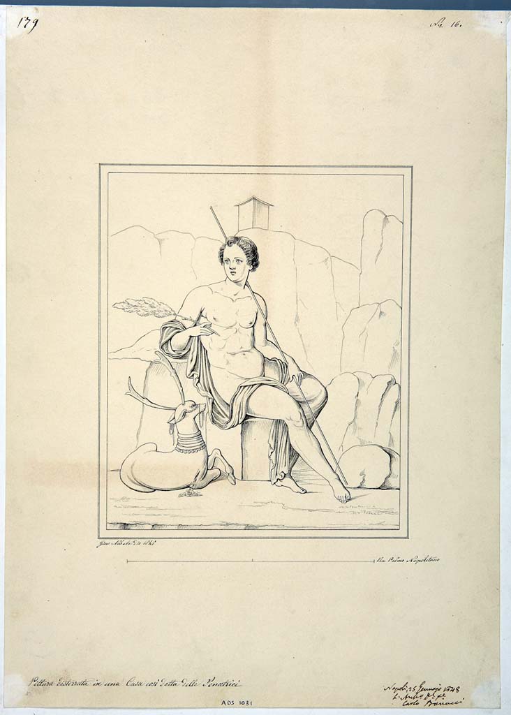 IX.3.5 Pompeii. Room 15, south wall. Drawing by Giuseppe Abbate, 1848, of painting of Cyparissus and stag.
Now in Naples Archaeological Museum. Inventory number ADS 1031.
Photo © ICCD. http://www.catalogo.beniculturali.it
Utilizzabili alle condizioni della licenza Attribuzione - Non commerciale - Condividi allo stesso modo 2.5 Italia (CC BY-NC-SA 2.5 IT)