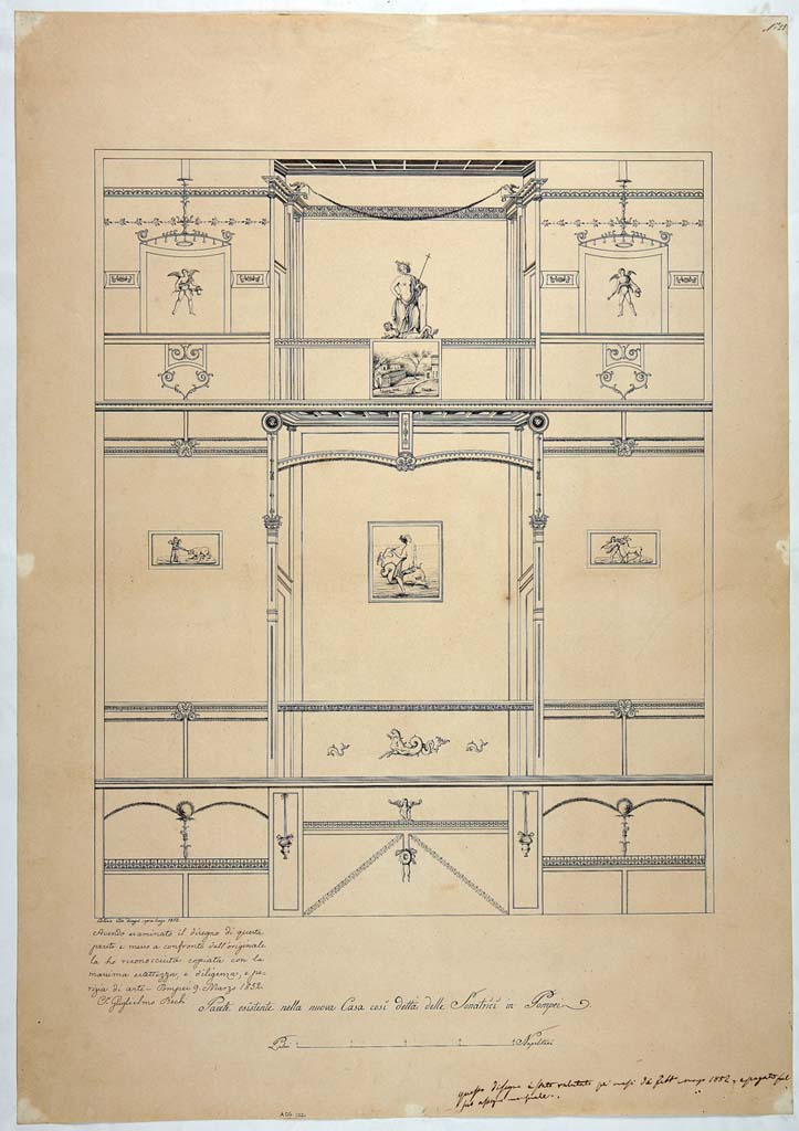 IX.3.5 Pompeii. Drawing by Antonio Ala, 9th March 1852, of west wall of cubiculum.
Underneath the drawing is written – 
Antonio Ala disegno sopra luogo 1852. 
Avendo esaminato il disegno di questa parete e messo a confronto dell’originale la ho riconosciuta copiata con la massima esattezza e diligenza, e perizia di arte.
(trans: Having examined the design of this wall and made a comparison of the original, I have recognized it copied with the utmost exactitude and diligence, and art expertise.)
This drawing, judging by the central painting of a nereid riding a seahorse, would appear to be of the west wall of the cubiculum.
The two “vignettes” in the side panels, however, appear to belong to the east wall.
Now in Naples Archaeological Museum. Inventory number ADS 1021.
Photo © ICCD. http://www.catalogo.beniculturali.it
Utilizzabili alle condizioni della licenza Attribuzione - Non commerciale - Condividi allo stesso modo 2.5 Italia (CC BY-NC-SA 2.5 IT)