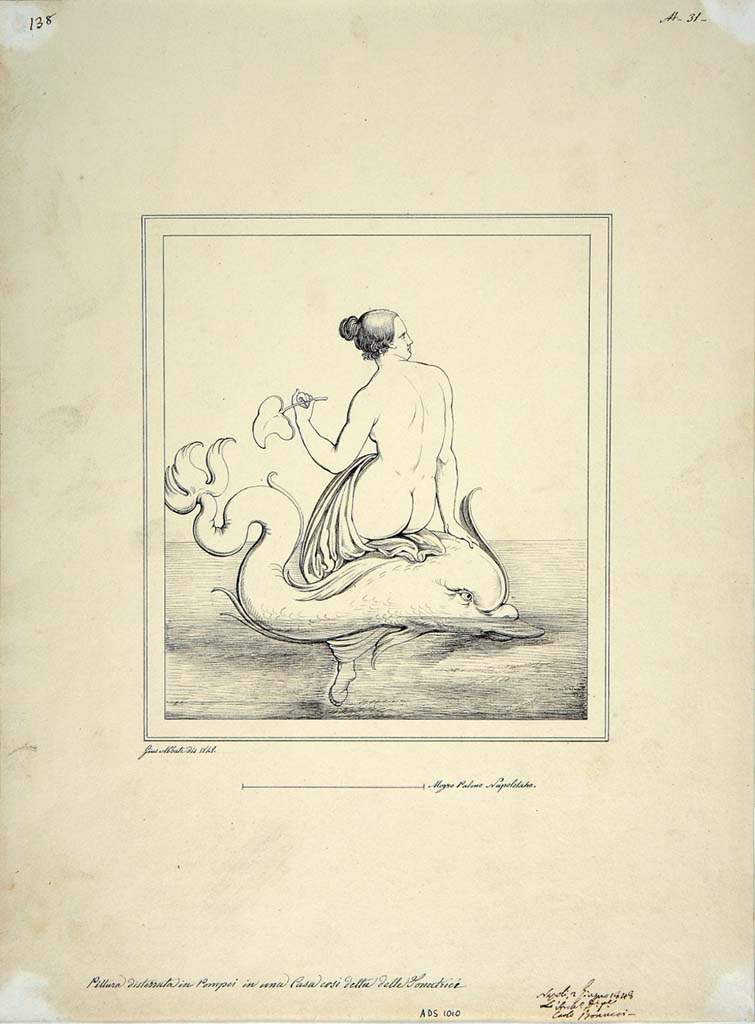IX.3.5 Pompeii. Room 15, centre of west wall. Drawing by Giuseppe Abbate, 1848, of painting of Galatea sitting on a dolphin.
Now in Naples Archaeological Museum. Inventory number ADS 1010.
Photo © ICCD. http://www.catalogo.beniculturali.it
Utilizzabili alle condizioni della licenza Attribuzione - Non commerciale - Condividi allo stesso modo 2.5 Italia (CC BY-NC-SA 2.5 IT)