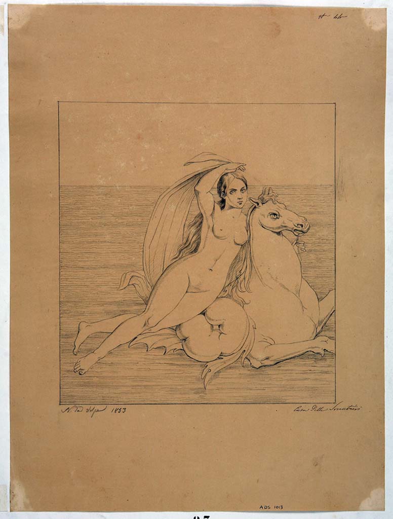 IX.3.5 Pompeii. Room 16, east wall. Drawing by Nicola La Volpe, 1853, of painting of a Nereid on a seahorse from centre of east wall. 
Now in Naples Archaeological Museum. Inventory number ADS 1013.
Photo © ICCD. http://www.catalogo.beniculturali.it
Utilizzabili alle condizioni della licenza Attribuzione - Non commerciale - Condividi allo stesso modo 2.5 Italia (CC BY-NC-SA 2.5 IT)