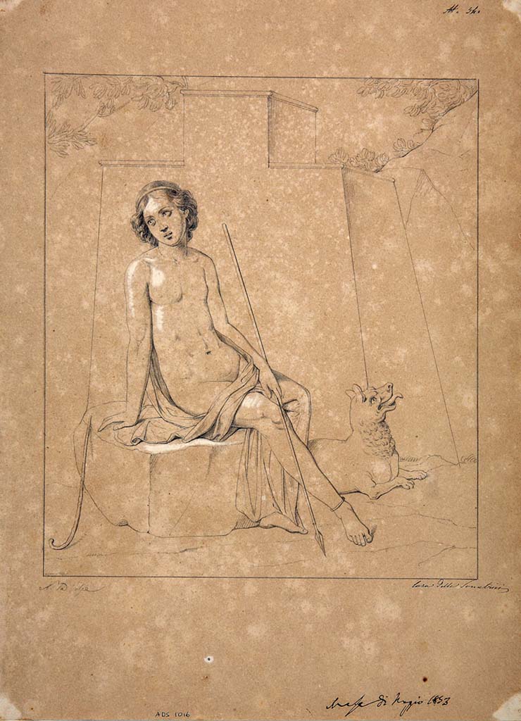 IX.3.5 Pompeii. Room 16. Drawing by Nicola La Volpe, May 1853, of painting of Endymion, from centre of west wall. 
Now in Naples Archaeological Museum. Inventory number ADS 1016.
Photo © ICCD. http://www.catalogo.beniculturali.it
Utilizzabili alle condizioni della licenza Attribuzione - Non commerciale - Condividi allo stesso modo 2.5 Italia (CC BY-NC-SA 2.5 IT)
