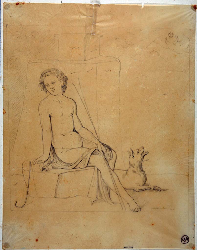 IX.3.5 Pompeii. Room 16. Drawing by Giuseppe Abbate, of painting of Endymion from west wall. 
Now in Naples Archaeological Museum. Inventory number ADS 1015.
Photo © ICCD. http://www.catalogo.beniculturali.it
Utilizzabili alle condizioni della licenza Attribuzione - Non commerciale - Condividi allo stesso modo 2.5 Italia (CC BY-NC-SA 2.5 IT)