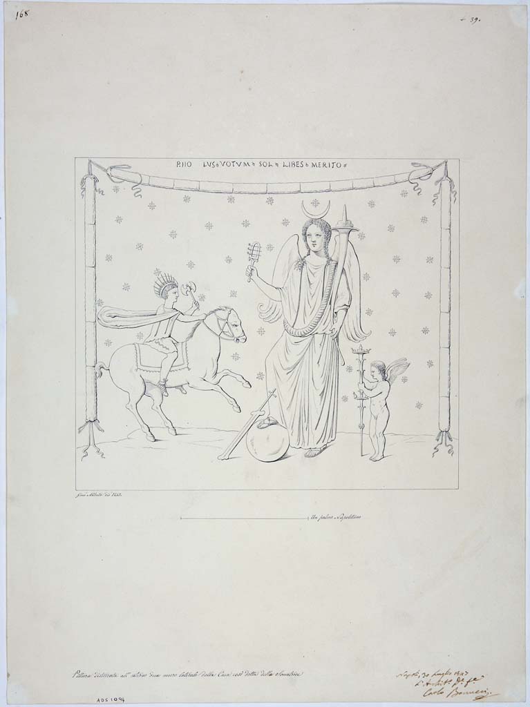 IX.3.7 Pompeii. Drawing by Giuseppe Abbate, 1847, of lararium painting with CIL IV 882, above it.
Now in Naples Archaeological Museum. Inventory number ADS 1094.
Photo © ICCD. http://www.catalogo.beniculturali.it
Utilizzabili alle condizioni della licenza Attribuzione - Non commerciale - Condividi allo stesso modo 2.5 Italia (CC BY-NC-SA 2.5 IT)