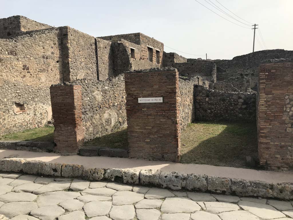 IX.3.7, IX.3.8, and IX.3.9, Pompeii. April 2019. Doorways on east side of Via Stabiana.
Photo courtesy of Rick Bauer.
According to Eschebach, IX.3.6-9 were used as a show excavation in the presence of Pope Pius IX, on 22nd October 1849.
See Eschebach, L., 1993. Gebäudeverzeichnis und Stadtplan der antiken Stadt Pompeji. Köln: Böhlau. (p.414).