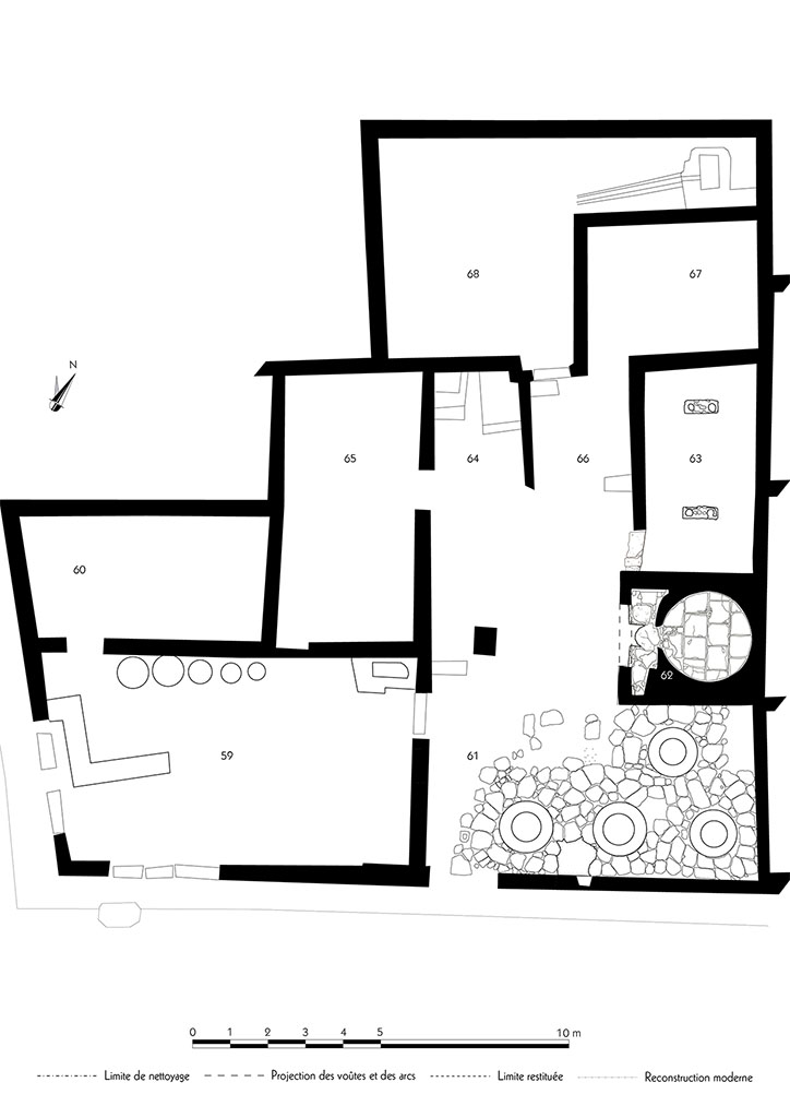 Fig. 64 – Pompéi, boulangerie IX 3, 10-12 – Relevé de l’ensemble de la boulangerie.
Échelle : 1/100.
Relevé / dessin : M. Holappa (EPUH) / F. Fouriaux / A. Delvigne-Ryrko / A. Béranger / S. Mencarelli – EFR.