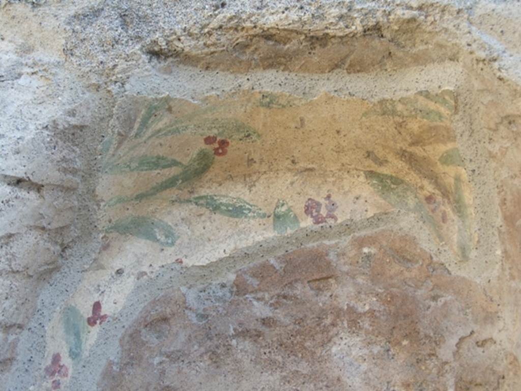 IX.3.12 Pompeii. March 2009. Niche on south wall. Detail showing painted green and brown leaves and red flowers.
