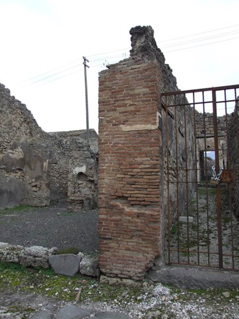 Front wall between IX.3.14 and IX.3.15.  December 2007.
Between entrances 14/15 Fröhlich identified a painting of Mercury and Minerva which is now destroyed.
See Fröhlich, T., 1991, Lararien und Fassadenbilder in den Vesuvstädten.  Mainz: von Zabern.  (F62: p.331).
Della Corte said the painting of Mercury and Minerva found on the doorpost to the right of the entrance was to bring good fortune to the unknown man of commerce working from here.  
A seal or stamp found here suggested he was C. Cat(ius) Scith(us).  
See Della Corte, M., 1965.  Case ed Abitanti di Pompei. Napoli: Fausto Fiorentino. (p. 190, S22)
See Trendelenburg in BdI 1871, (p.209)