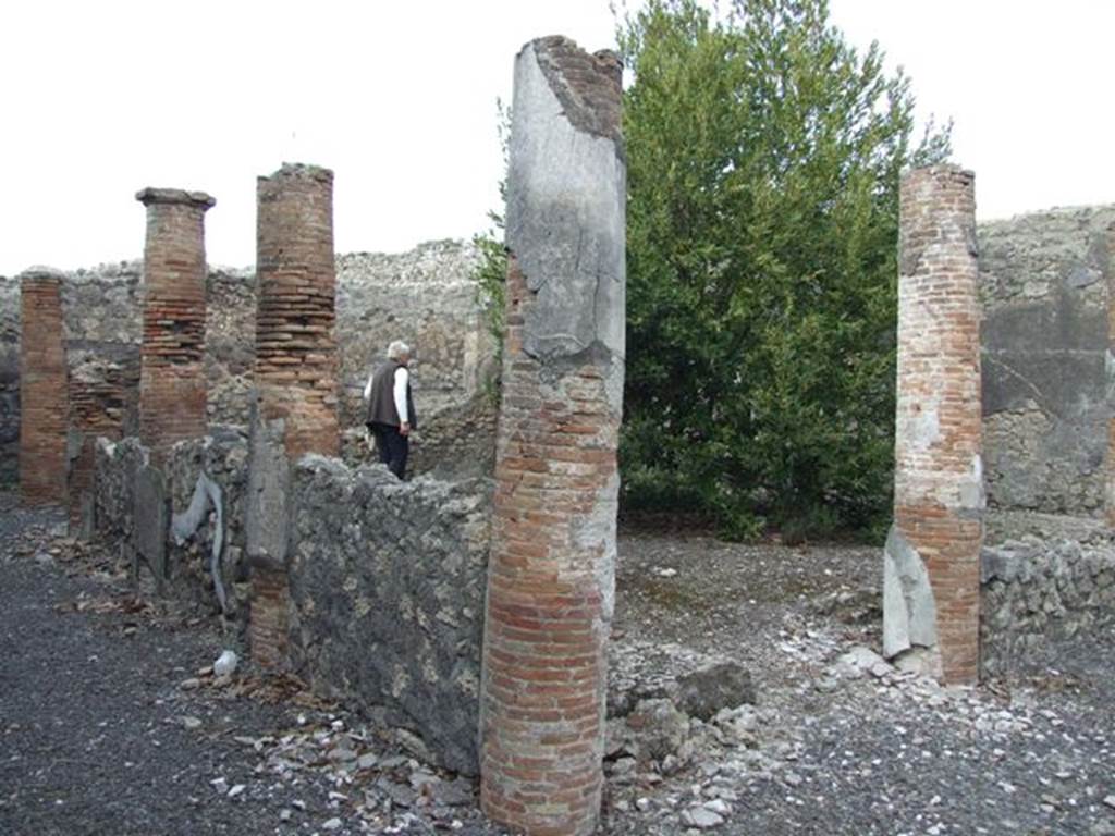 IX.3.15 Pompeii. March 2009. Room 12, garden area, looking north-east. According to Jashemski, “The garden at the rear originally was enclosed on the north, west and south, by a portico supported by eight stuccoed brick columns and two engaged columns which were joined by a low wall, broken by an entrance to the garden on the south.”
See Jashemski, W. F., 1993. The Gardens of Pompeii, Volume II: Appendices. New York: Caratzas. (p.234, no.481).