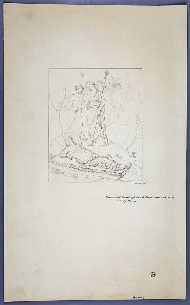 IX.3.19 Pompeii. Room 11, east wall of oecus/triclinium on north-west side of corridor.
Drawing by Geremia Discanno, 1871, of wall painting of Bacchus finding Ariadne.
Now in Naples Archaeological Museum. Inventory number ADS 1095.
Photo © ICCD. https://www.catalogo.beniculturali.it
Utilizzabili alle condizioni della licenza Attribuzione - Non commerciale - Condividi allo stesso modo 2.5 Italia (CC BY-NC-SA 2.5 IT)
Kuivalainen describes –
“A composition of at least eight figures. In front, by the sea, a female figure sleeps on her back on a mattress of leaves, covered with a blue blanket; her head is resting on a high blue pillow; a purple cloak covers her legs. In the middle stands a fully robed youth wearing high boots, a red chiton, and a purple cloak; he is carrying a thyrsus and points towards the woman with his languid right hand, supported by the satyr on his right side. He wears a short cloak, a loincloth, and a pine crown. Behind these are several figures with thyrsi, and one with a tympanum, watching the scene.”
Kuivalainen comments –
“The scene of a fully robed Bacchus discovering Ariadne is depicted as seen from the sea. Exceptionally, she is lying on a mattress, as in E9.”
See Kuivalainen, I., 2021. The Portrayal of Pompeian Bacchus. Commentationes Humanarum Litterarum 140. Helsinki: Finnish Society of Sciences and Letters, (p.152, E14).