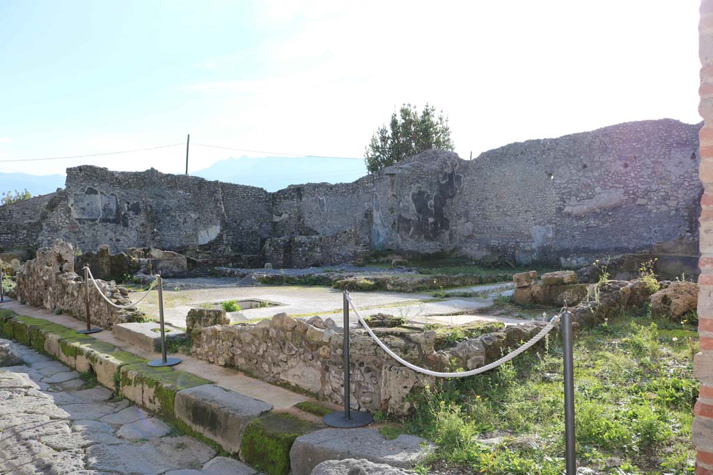 IX.3.21 Pompeii, on left, and IX.3.22, on right. December 2018. 
Looking south-west from Vicolo di Tesmo. Photo courtesy of Aude Durand.