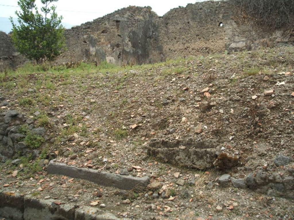 IX.3.22 May 2005. Looking south-west from Vicolo di Tesmo, with doorway threshold just visible, and remains of painted wall plaster on rear wall, to the right.