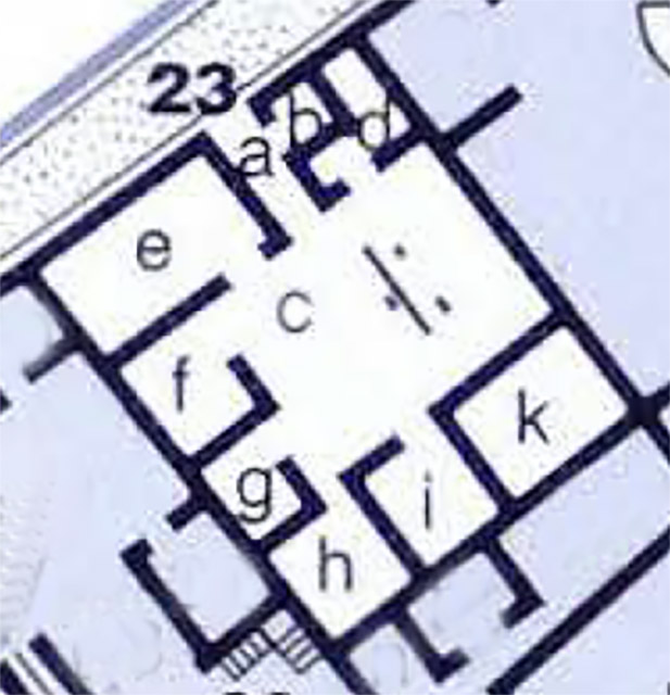 IX.3.23 Pompeii. Plan showing the rooms of this house as shown on this page.
See Carratelli, G. P., 1990-2003. Pompei: Pitture e Mosaici: Vol. IX. Roma: Istituto della enciclopedia italiana, p. 364.