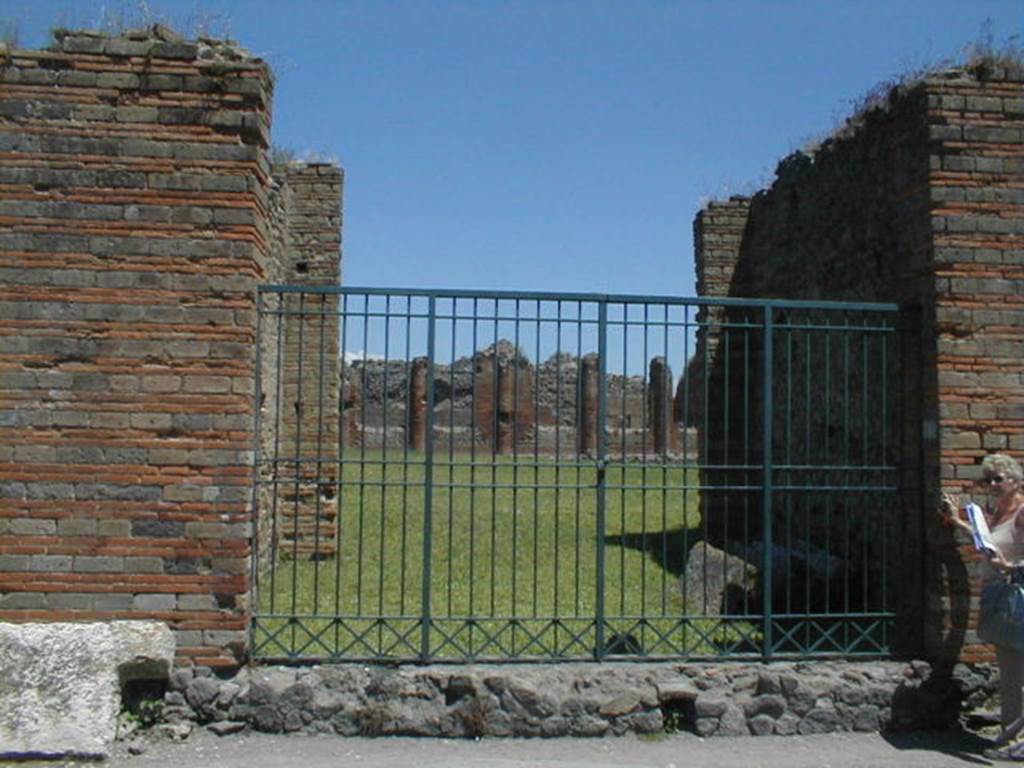 IX.4.5 Pompeii. May 2005. Entrance from Via Stabiana, looking east into the palaestra “d”.
These baths were begun after the 62AD earthquake, and were still under construction at the time of the eruption in 79AD.
The baths occupied this entire insula whose original houses had been demolished to make way for the new baths.
The main entrance “a” was on the Via di Nola at IX.4.18.
An entrance in the unnamed vicolo on the south side at IX.4.10 also led onto the palaestra “d” past a multi seat latrine “e”.
There were two other smaller entrances from Vicolo di Tesmo, probably service doorways, on the eastern side of the insula at IX.4.15 and 16. 
IX.4.15 led to service area “t” which contained the furnace area and a small garden divided from it by a wall.
IX.4.16 led to an open area “u” which had a small peristyle and a corridor that led to apodyterium “i”.
During the excavation, the archaeologists found the remains of the demolished residential houses in the area of the palaestra, which had not been entirely cleared by the people building the new baths.
On the east side of the palaestra, on the far side of the green grass in the photo, a depression was found where the large outdoor swimming pool “h” was to built.
Also found was the water channel leading to the latrine “e” (in the room near to IX.4.10), where the waste water from the pool would have been used to flush the latrine. 
See Notizie degli Scavi di Antichità, June 1877, (p.445, description and finds).
See BdI 1877, (p.214-223)
See BdI, 1878, (p251- 254)
See La Rocca, De Vos and De Vos, 1976. Guida Archeologica di Pompei. Mondadori Editore, p. 307-9.