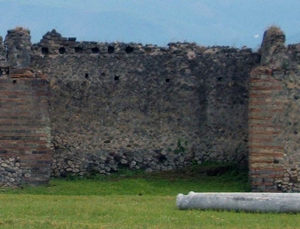 IX.4.18 Pompeii. May 2005. Recess in south side of baths behind IX.4.11-14. 
Outside the wall at the left end of the photograph were the stairs at IX.4.14. 
Note the support holes in the upper wall. 
The entrance to room “f” is behind the brick wall on the left. 
The wall of latrine “e” is on the right but there is no entrance here. 
The latrine entrance is inside the entrance corridor at IX.4.10.