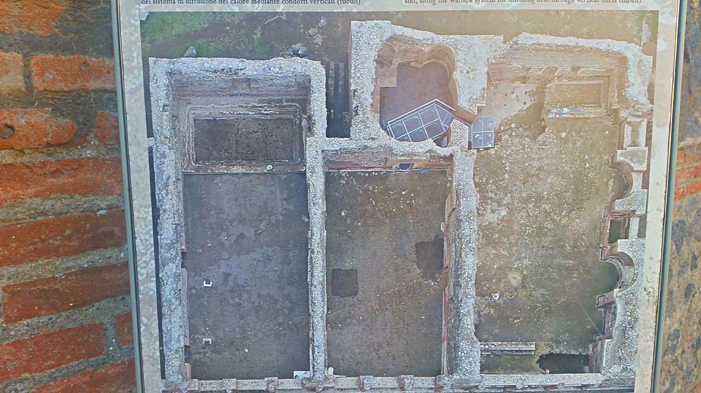 IX.4.18 Pompeii. December 2019. 
Descriptive plan of Frigidarium “p” on left, Tepidarium “q” in centre, Caldarium “s” on right, and room “r” upper centre.
Photo courtesy of Giuseppe Ciaramella.