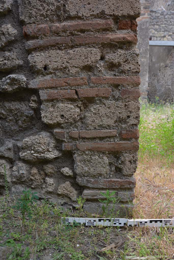 IX.5.2 Pompeii. May 2017. 
Looking west through south end of small doorway into room ‘v’, detail from lower pilaster. 
Foto Christian Beck, ERC Grant 681269 DÉCOR.