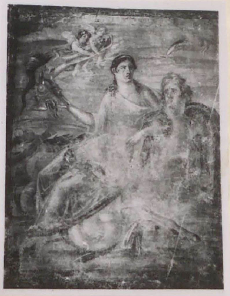 IX.5.2 Pompeii. Pre-1942. 
Room 20, detail of painting of Thetis sitting on the back of a sea-monster carrying Achilles’ weapons, from west wall. 
See Warscher, T. 1942. Catalogo illustrato degli affreschi del Museo Nazionale di Napoli. Sala LXXX. Vol.2. Rome, Swedish Institute.