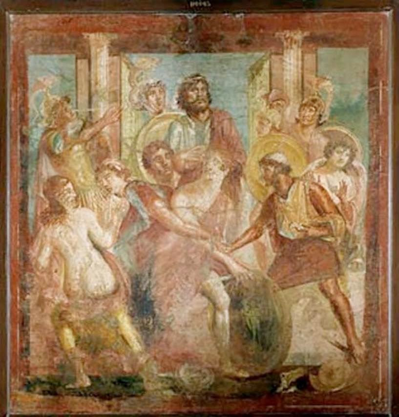 IX.5.2 Pompeii. Room 20, north wall with painting of Achilles discovered in Skyros.
Now in the Naples Archaeological Museum. Inventory number 116085.