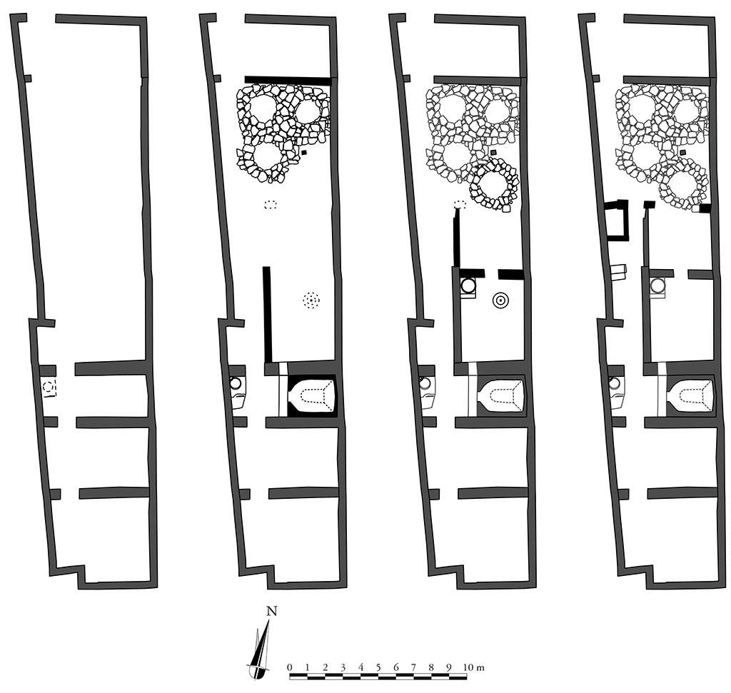 Fig. 10 – Pompéi Pistrina. Boulangerie IX 5, 4. Chronologie relative des transformations survenues dans la boulangerie.
Relevé : N. Monteix, S. Aho ; DAO : N.M. ; éch. 1/250.