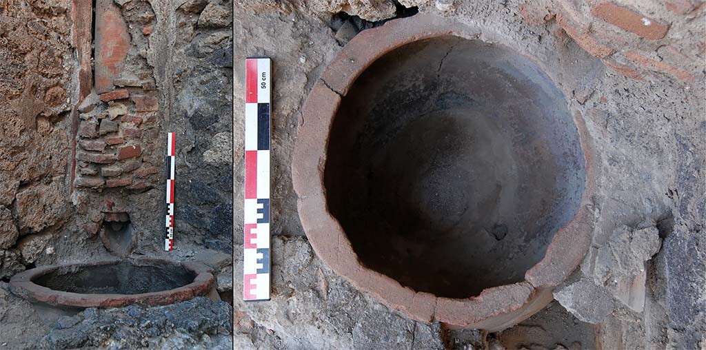 Fig. 11 – Pompéi Pistrina. Boulangerie IX 5, 4. Système d’alimentation hydraulique devant le four.
Une gouttière verse dans un dolium dont le fond est percé.
Cliché S. Aho / EFR.