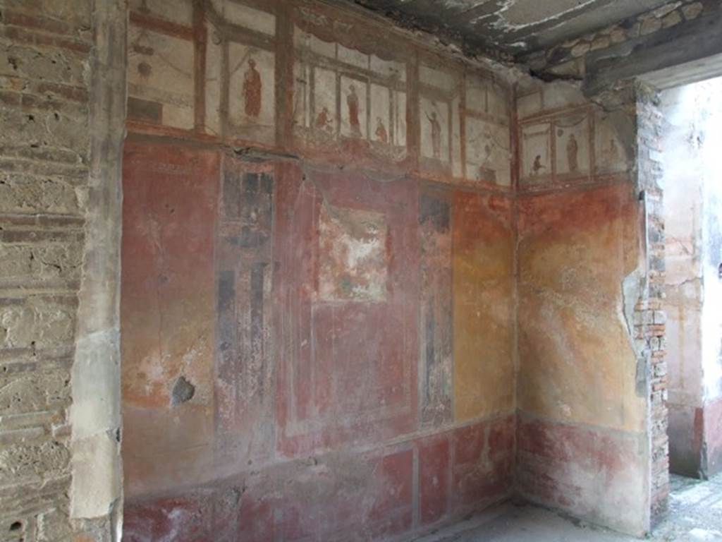 IX.5.6 Pompeii. December 2007. Room 10, tablinum. West wall looking north-west through window from room 9. 
According to Schefold, the wall painting in the centre of the west wall was Paris and Oinone (Oenone). 
See Schefold, K., 1957. Die Wande Pompejis. Berlin: De Gruyter. (p. 254)
See Sogliano, A., 1879. Le pitture murali campane scoverte negli anni 1867-79. Napoli: (p. 127, no.623).