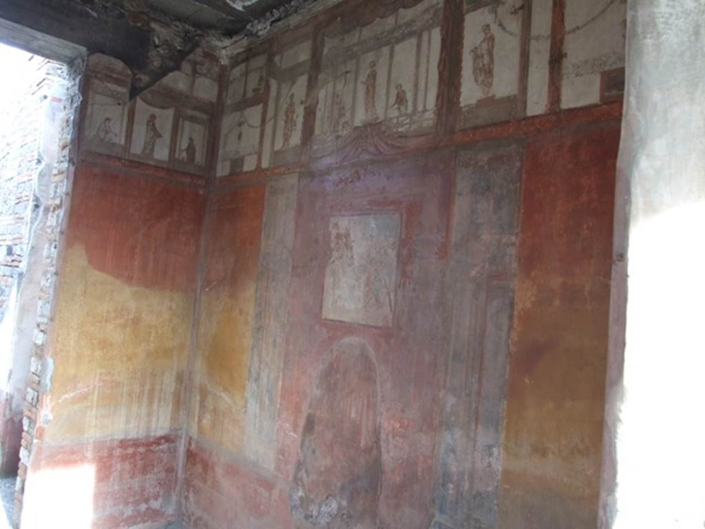 IX.5.6 Pompeii. December 2007.  Room 10, tablinum. East wall looking north-east through window from room 9. According to Schefold, the wall painting in the centre of the east wall was Diana and Callisto.  See Schefold, K., 1957. Die Wande Pompejis. Berlin: De Gruyter. (p. 254) See Sogliano, A., 1879. Le pitture murali campane scoverte negli anni 1867-79. Napoli: (p.30, no.119)