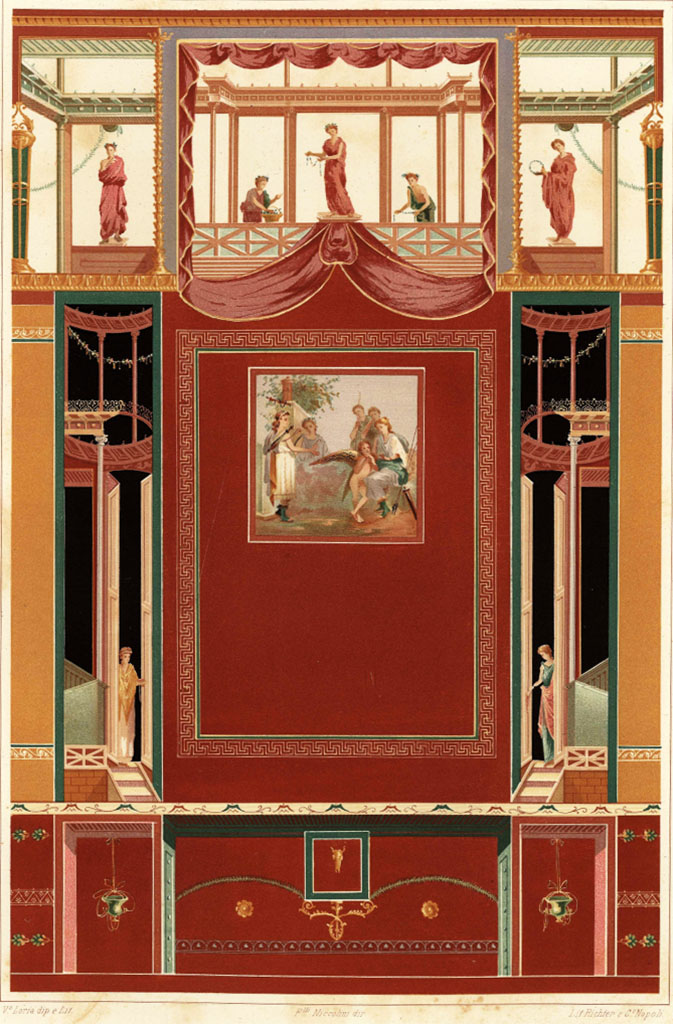 IX.5.6 Pompeii. Room i, tablinum. 19th century painting of centre of east wall.
According to Niccolini 
“In questa tavola riportiamo una delle belle Pareti rinvenute negli ultimi scavi dello scorso anno.
Oltre le figurine, che l’adornano, il quadro dipinto nel mezzo sembra volere indicare Adone che parte per la caccia, lasciando Venere col suo figliuolo Amore, circondata da varie ninfe che la corteggiano.”
(In this painting, we report on one of the most beautiful walls found in the last excavations of last year.
In addition to the figures which adorn it, the painting painted in the middle seems to indicate Adonis leaving for the hunt, leaving Venus with her son Cupid, surrounded by various nymphs who court her.)
See Niccolini, F. Le Case ed i Monumenti di Pompei. 1862. Book 2, (Tav. XCII, Descrizione Generale).
According to Schefold, the wall painting in the centre of the east wall was Diana and Callisto. 
See Schefold, K., 1957. Die Wande Pompejis. Berlin: De Gruyter. (p. 254).
See D’Amelio P., 1886. Dipinti Murali di Pompei. Naples : Richter, pl. XIX.